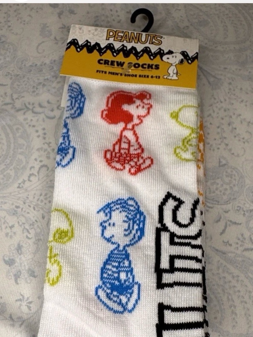 Peanuts White Crew Socks with Red, Blue, Yellow & Black Character Prints